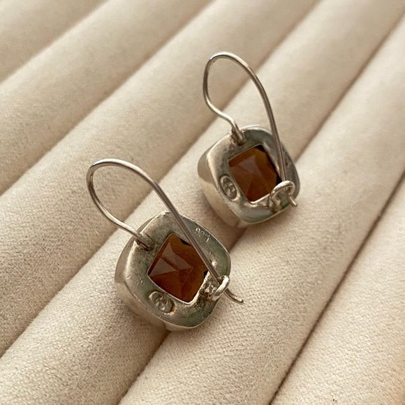 Vintage 925 Sterling Silver Amber Cushion Drop Wire Hook Earrings - Picture 3 of 12